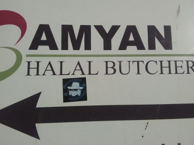 An Antipodean Resistance sticker on a Halal butcher, Lonsdale Street, Dandenong. (Source: Star Journal)